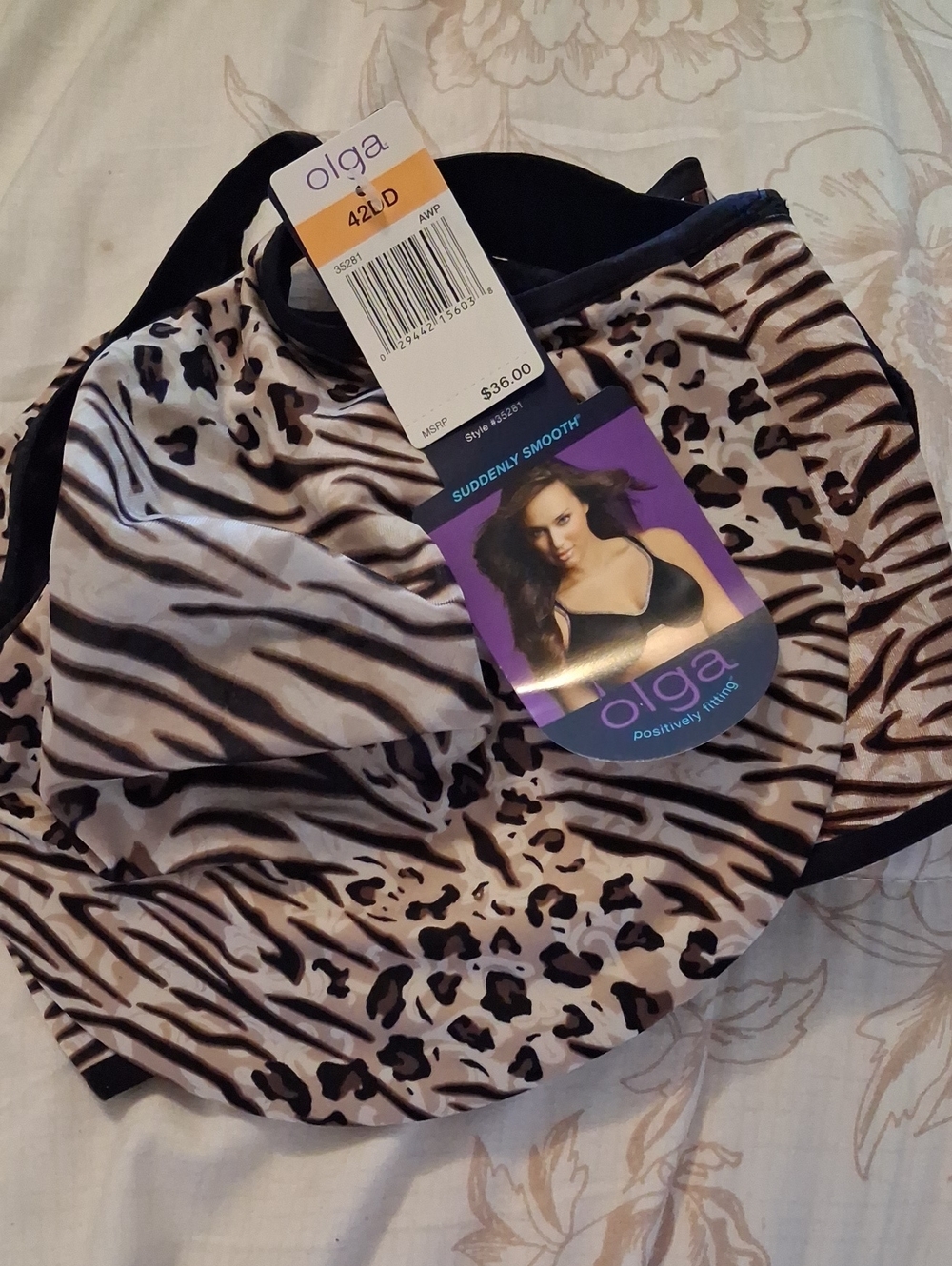 Olga Animal Print Smooth Full-Coverage Bra in Black & Taupe. 42-D